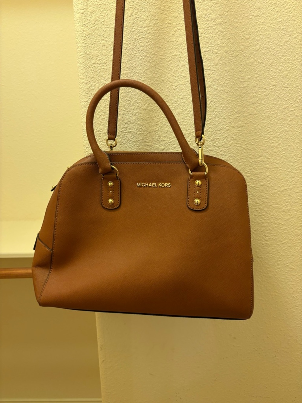 Michael Kors Tan Saffiano Leather Satchel with Gold Hardware